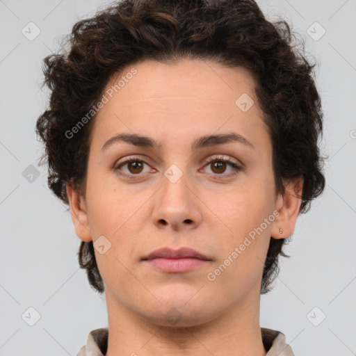 Neutral white young-adult female with short  brown hair and brown eyes