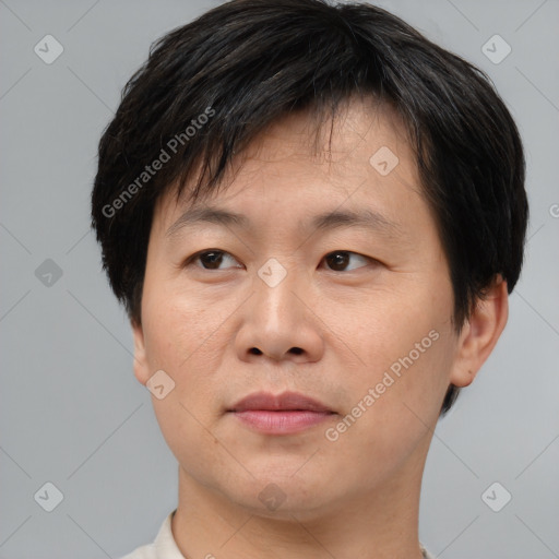 Neutral asian young-adult male with short  brown hair and brown eyes