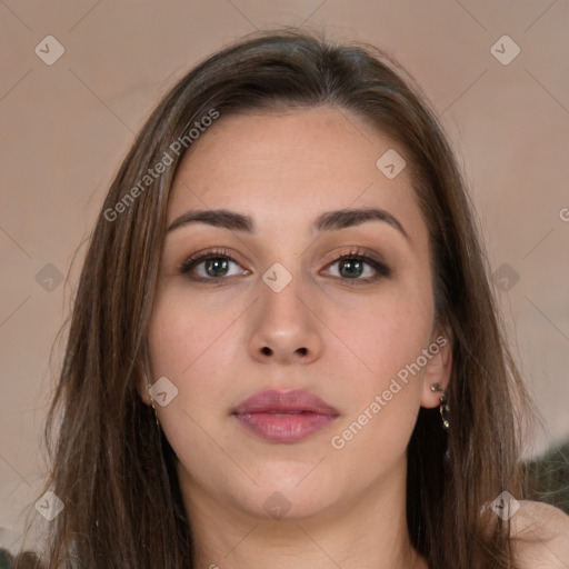 Neutral white young-adult female with long  brown hair and brown eyes