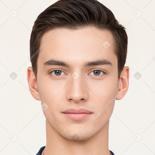 Neutral white young-adult male with short  brown hair and brown eyes