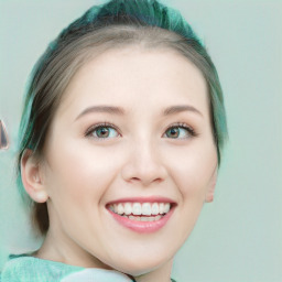 Joyful white young-adult female with medium  brown hair and green eyes