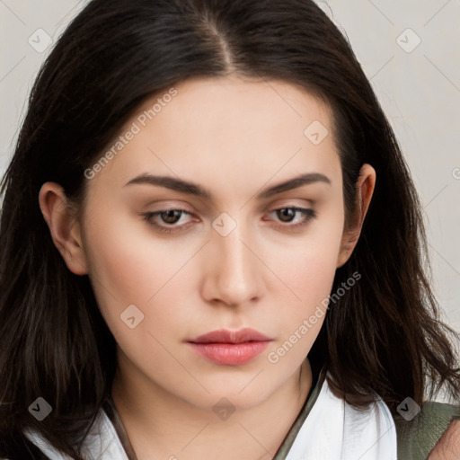 Neutral white young-adult female with long  brown hair and brown eyes