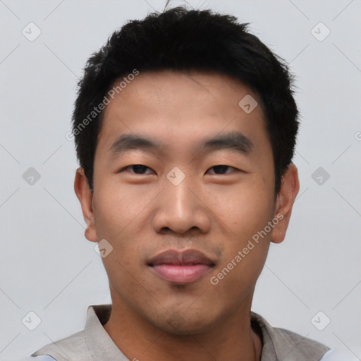 Neutral asian young-adult male with short  black hair and brown eyes