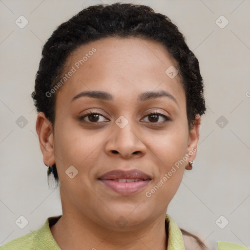 Joyful latino young-adult female with short  brown hair and brown eyes