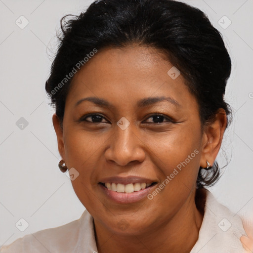 Joyful latino young-adult female with short  brown hair and brown eyes