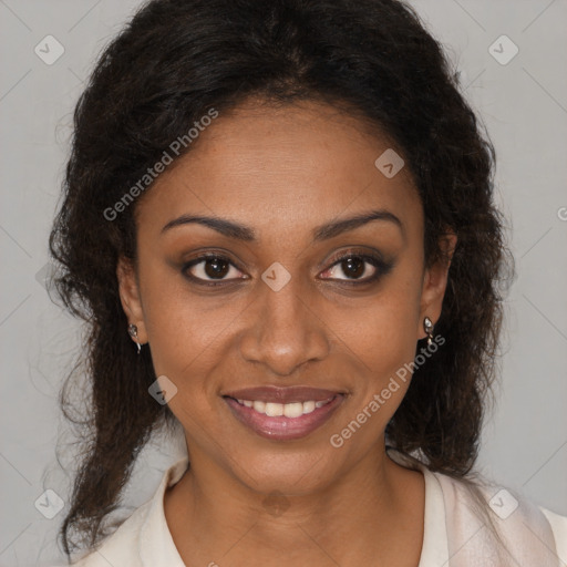 Joyful black young-adult female with medium  brown hair and brown eyes