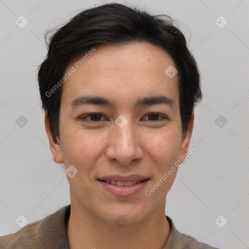 Joyful asian young-adult male with short  brown hair and brown eyes