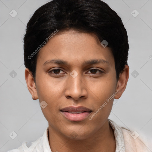 Joyful latino young-adult female with short  black hair and brown eyes