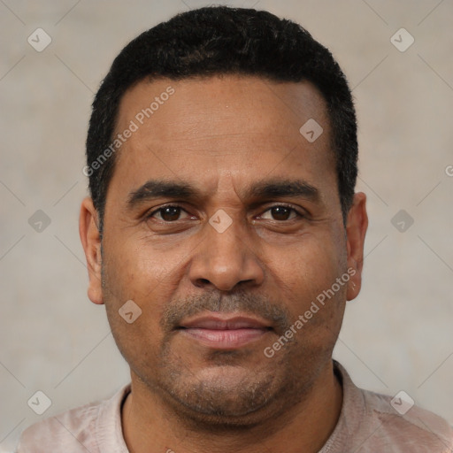 Neutral latino adult male with short  black hair and brown eyes