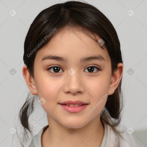 Joyful white child female with medium  brown hair and brown eyes