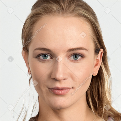 Neutral white young-adult female with long  brown hair and grey eyes