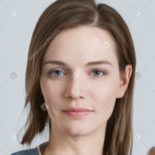 Neutral white young-adult female with long  brown hair and grey eyes