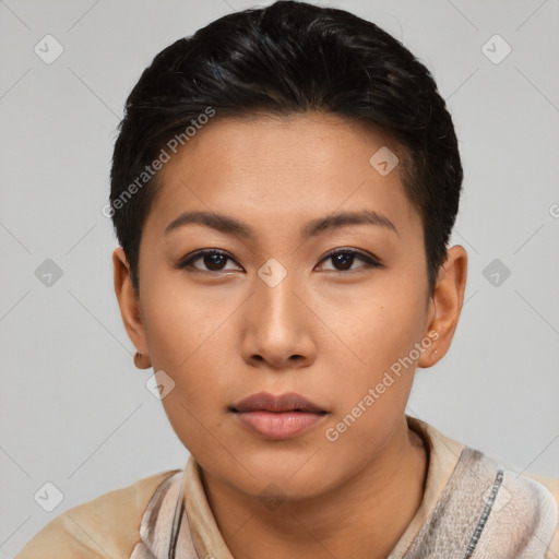 Neutral asian young-adult female with short  black hair and brown eyes