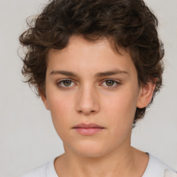 Neutral white young-adult female with short  brown hair and brown eyes