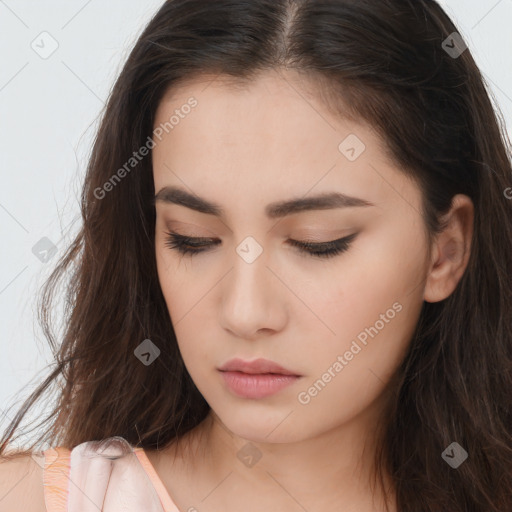 Neutral white young-adult female with long  brown hair and brown eyes