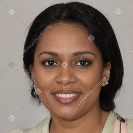 Joyful black young-adult female with medium  black hair and brown eyes