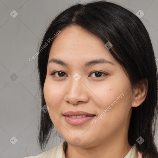 Joyful asian young-adult female with medium  black hair and brown eyes