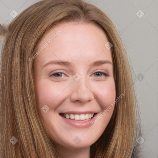 Joyful white young-adult female with long  brown hair and grey eyes