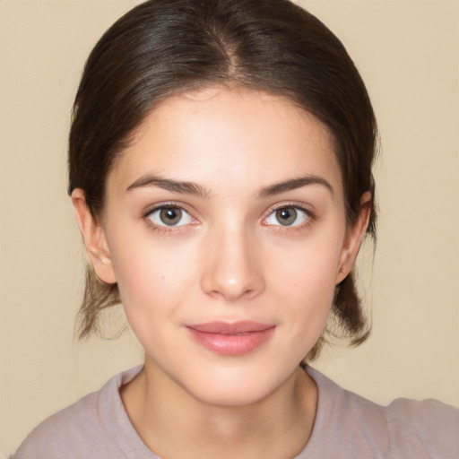 Neutral white young-adult female with medium  brown hair and brown eyes