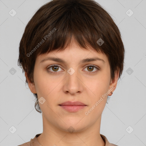 Neutral white young-adult female with short  brown hair and brown eyes