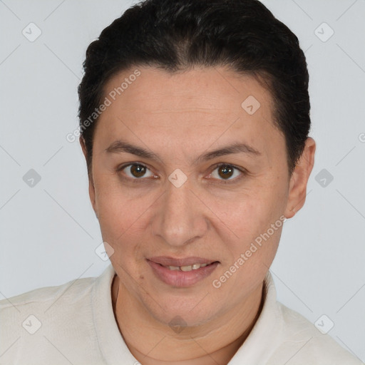 Joyful white adult female with short  brown hair and brown eyes