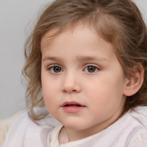 Neutral white child female with medium  brown hair and blue eyes