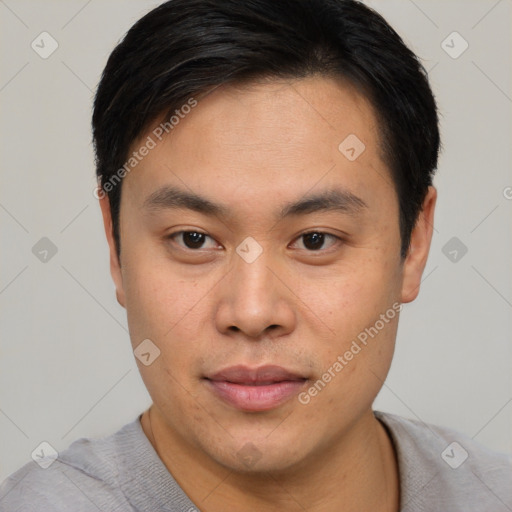 Neutral asian young-adult male with short  black hair and brown eyes