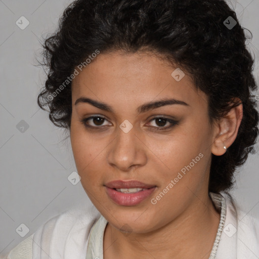 Joyful latino young-adult female with short  brown hair and brown eyes