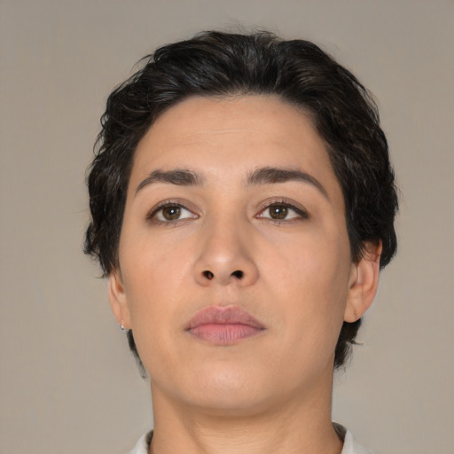 Neutral asian young-adult female with short  brown hair and brown eyes