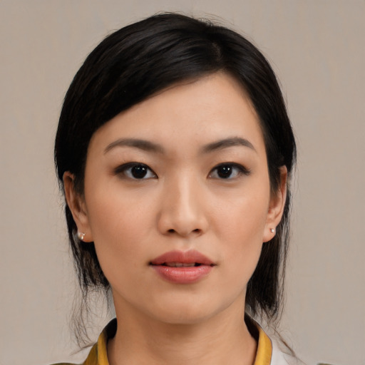 Neutral asian young-adult female with medium  black hair and brown eyes