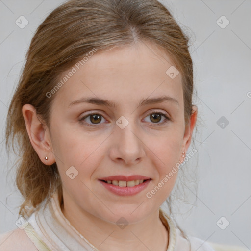 Joyful white young-adult female with medium  brown hair and blue eyes