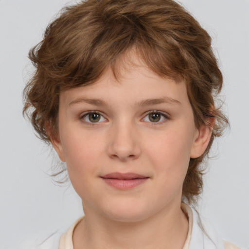 Joyful white child female with medium  brown hair and brown eyes