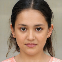 Joyful white child female with medium  brown hair and brown eyes