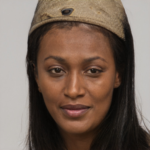 Joyful asian young-adult female with long  brown hair and brown eyes