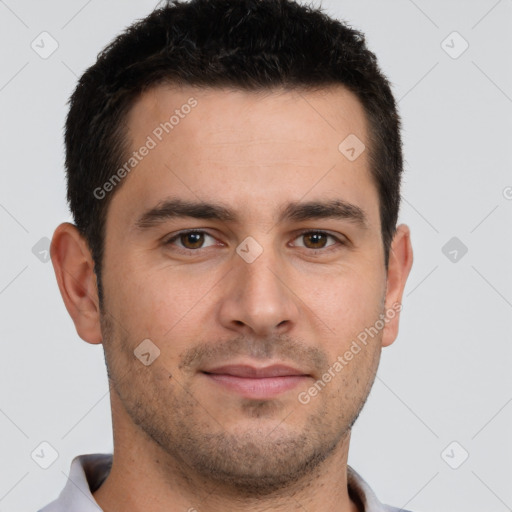 Joyful white young-adult male with short  brown hair and brown eyes