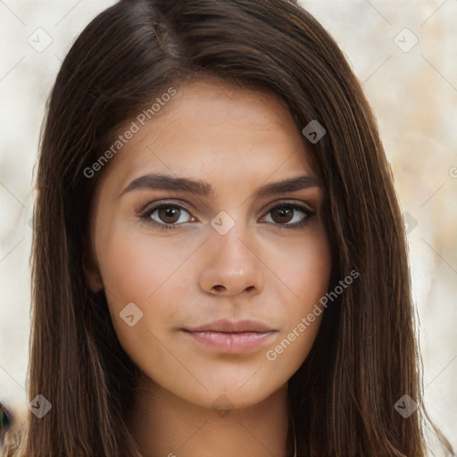 Neutral white young-adult female with long  brown hair and brown eyes
