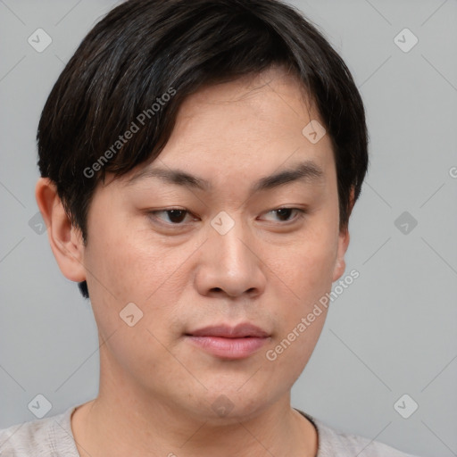 Neutral asian young-adult male with short  brown hair and brown eyes