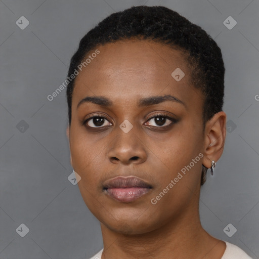 Neutral black young-adult female with short  black hair and brown eyes