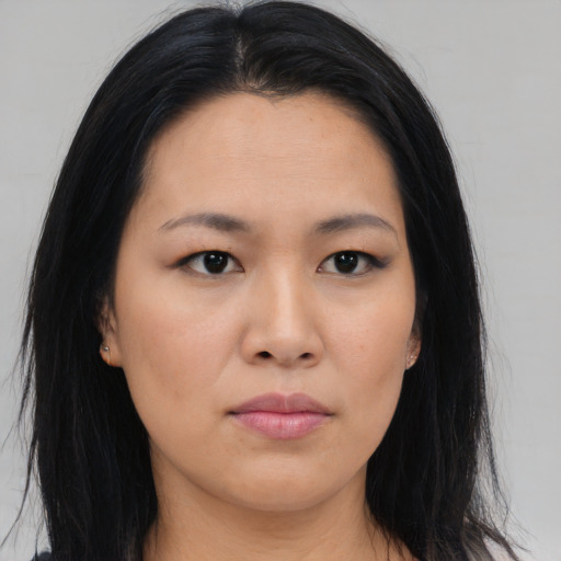 Neutral asian young-adult female with long  black hair and brown eyes