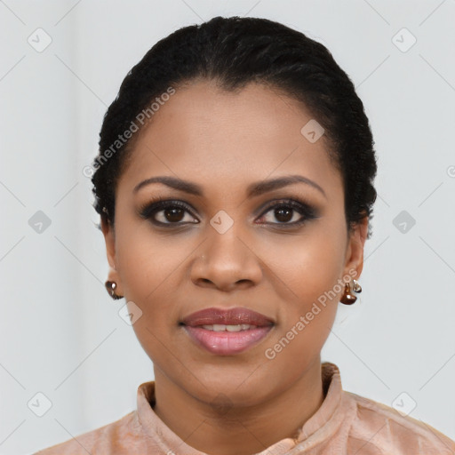 Joyful latino young-adult female with short  black hair and brown eyes