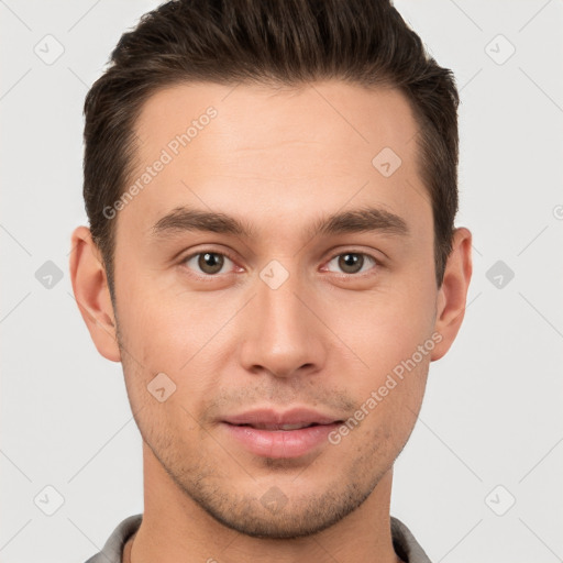 Neutral white young-adult male with short  brown hair and brown eyes