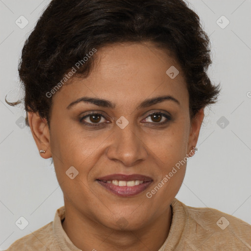 Joyful latino young-adult female with short  brown hair and brown eyes