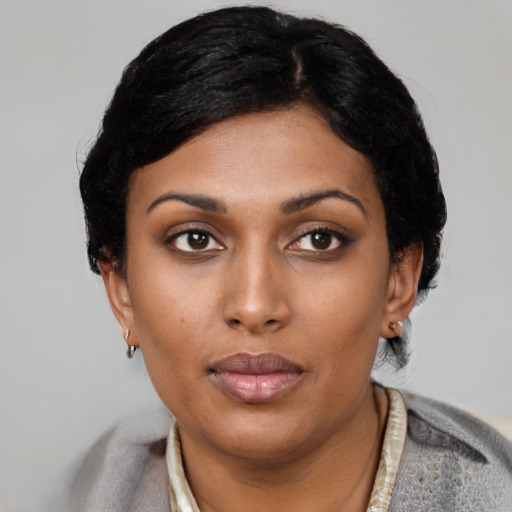 Neutral latino young-adult female with short  black hair and brown eyes