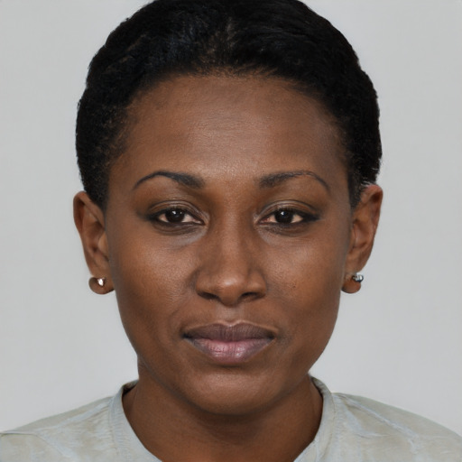 Neutral black young-adult female with short  black hair and brown eyes