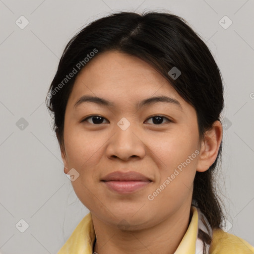 Joyful white young-adult female with medium  brown hair and brown eyes