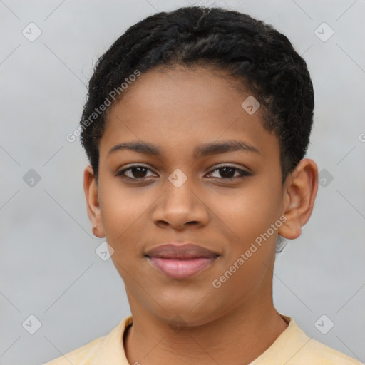 Joyful latino young-adult female with short  black hair and brown eyes