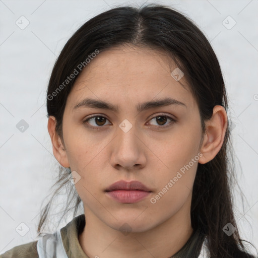 Neutral white young-adult female with medium  brown hair and brown eyes