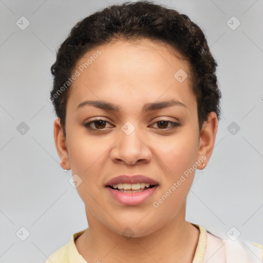 Joyful latino young-adult female with short  brown hair and brown eyes