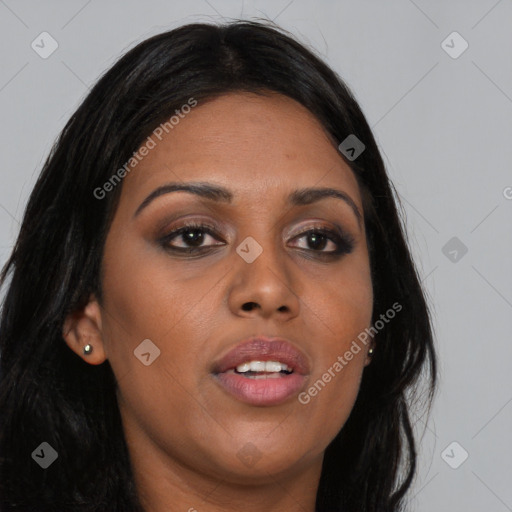 Joyful asian young-adult female with long  brown hair and brown eyes