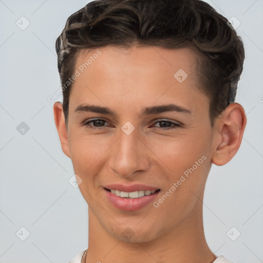 Joyful white young-adult female with short  brown hair and brown eyes